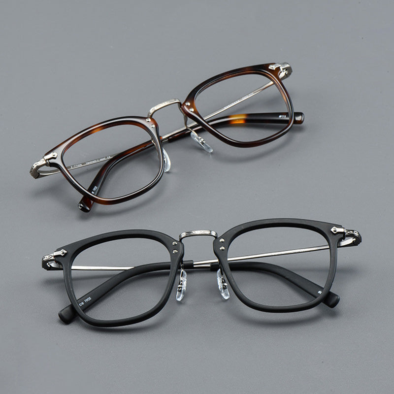 Retro Rectangle Acetate Titanium Metal Full Rim Prescription Spectacles Unisex GMS806