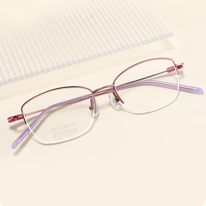 Cateye Oval Titanium Metal Half Rim Prescription Glasses Women's Spectacles Frames S101